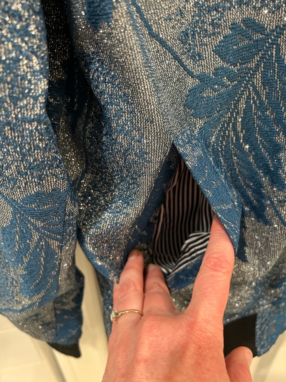 BARABAS Metallic Blue & Silver Floral Jacquard Bomber Zip Up Jacket - Size Small - Picture 5 of 12